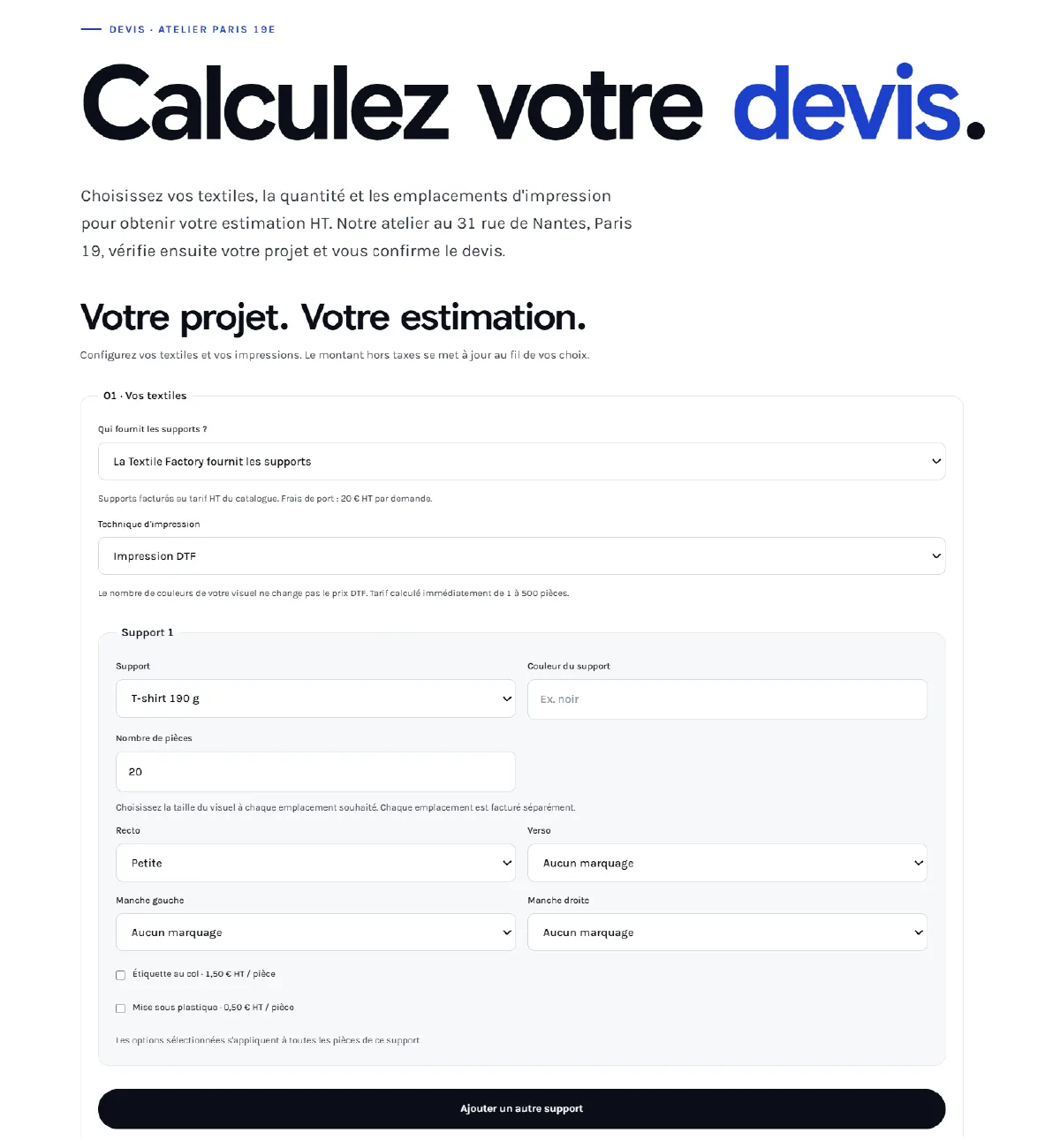 Formulaire de devis du site internet de l’imprimeur textile