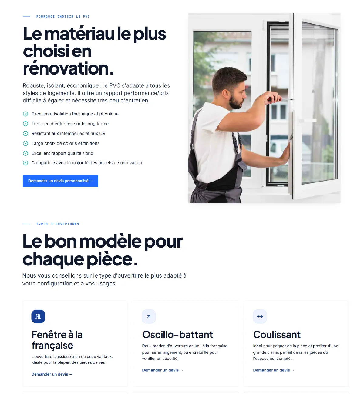Sections de présentation de l’activité sur le site vitrine